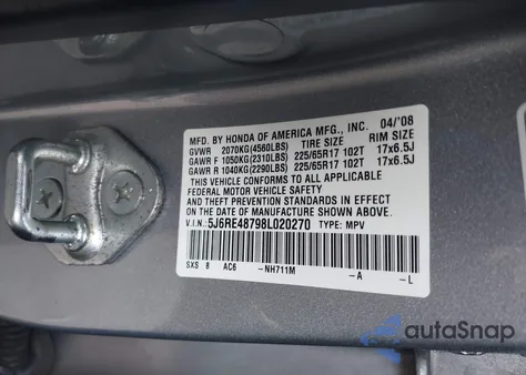 2008 Honda Cr-V Ex-L из США, поврежденный, VIN 5J6RE48798L020270